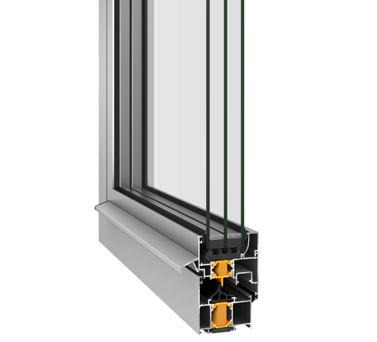 Secțiune transversală printr-un profil de aluminiu Alumil SMARTIA S61, pentru fereastră și ușă.