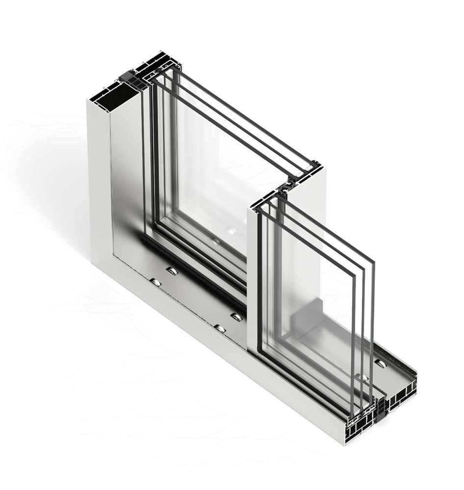 Secțiune transversală printr-un profil de aluminiu Cortizo COR Vision Plus Sliding, pentru glisant.