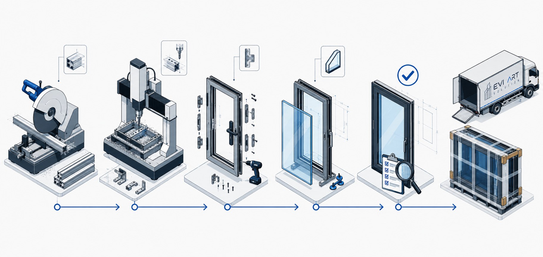 Fluxul de producție EVI ART Solution: debitare profile, prelucrare CNC, montaj feronerie, montaj geam, control calitate, livrare