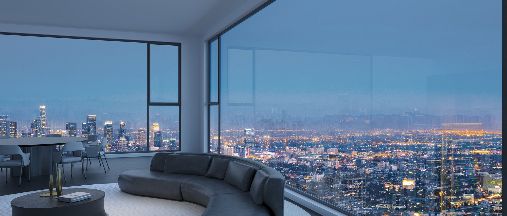 Living penthouse la amurg, cu vitraje generoase de la podea la tavan și vedere panoramică spre oraș
