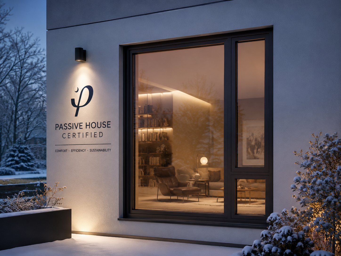Fereastră Passive House la amurg, cu iluminare interioară caldă vizibilă prin sticlă, zăpadă și emblema PHI pe fațadă