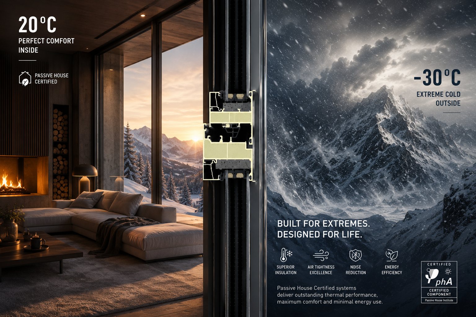 Comparație interior-exterior a unei case Passive House: interior cald la 20°C în stânga, exterior montan la -30°C în dreapta, cu secțiunea profilului NPU 85 pe mijloc și insigna Passive House Institute
