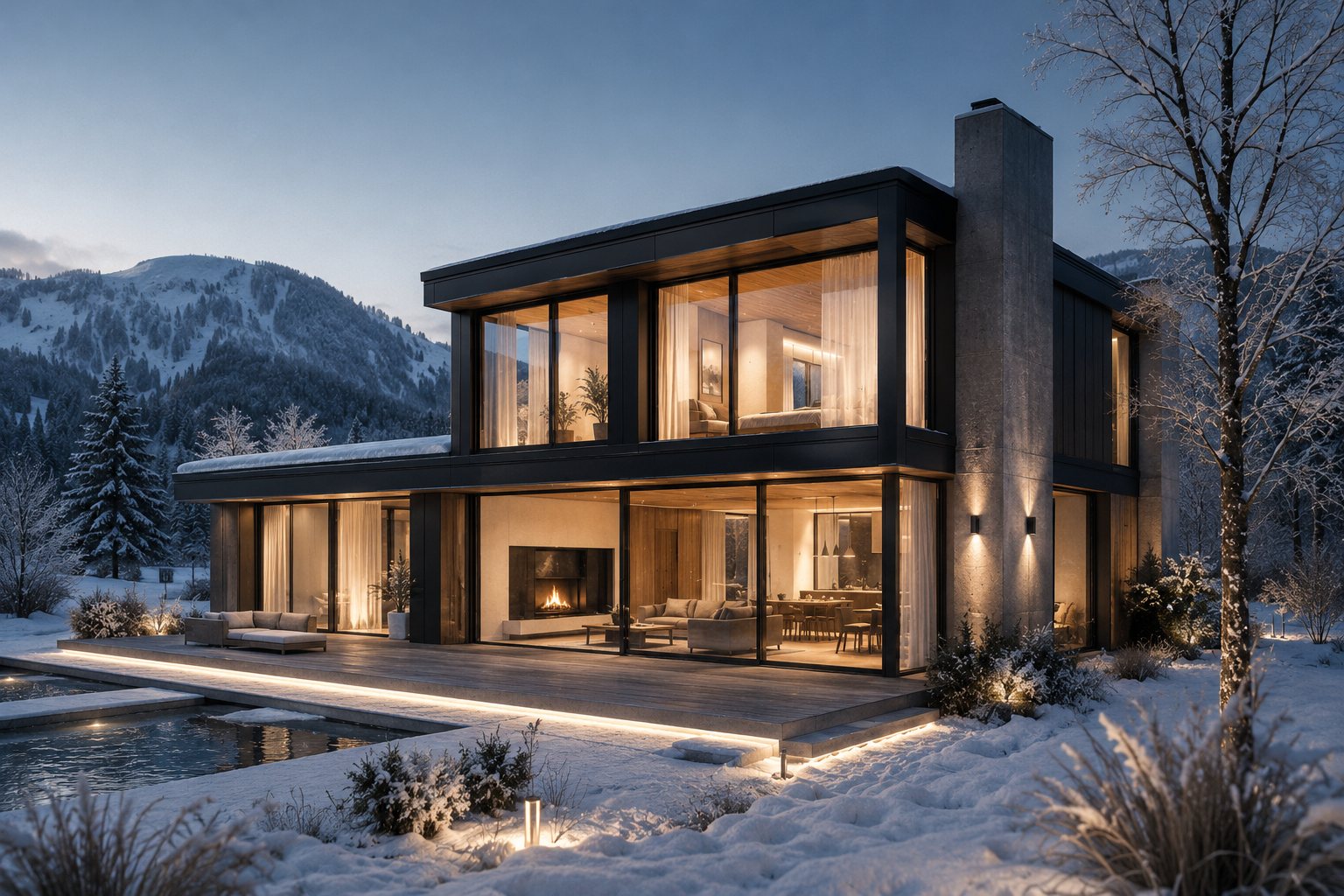 Casă modernă cu tâmplărie Passive House, exterior calm la amurg, iarna