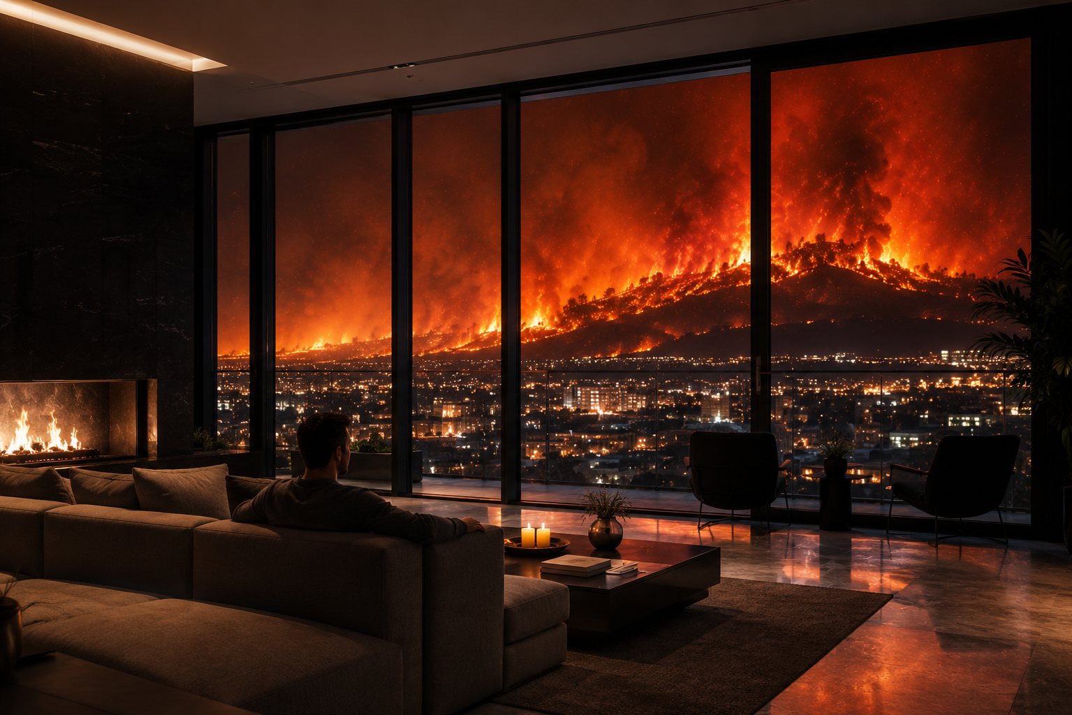 Living modern cu vedere spre un incendiu de amploare pe deal, în timp ce interiorul rămâne protejat prin fereastra EI90
