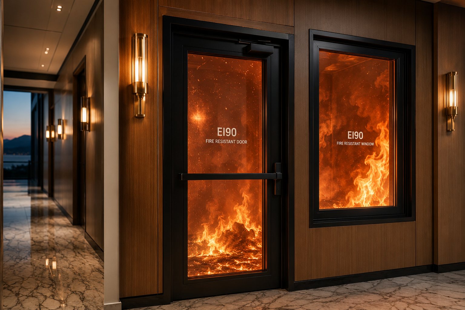 Hol de hotel cu ușă și fereastră rezistente la foc EI90, flăcări vizibile prin sticlă