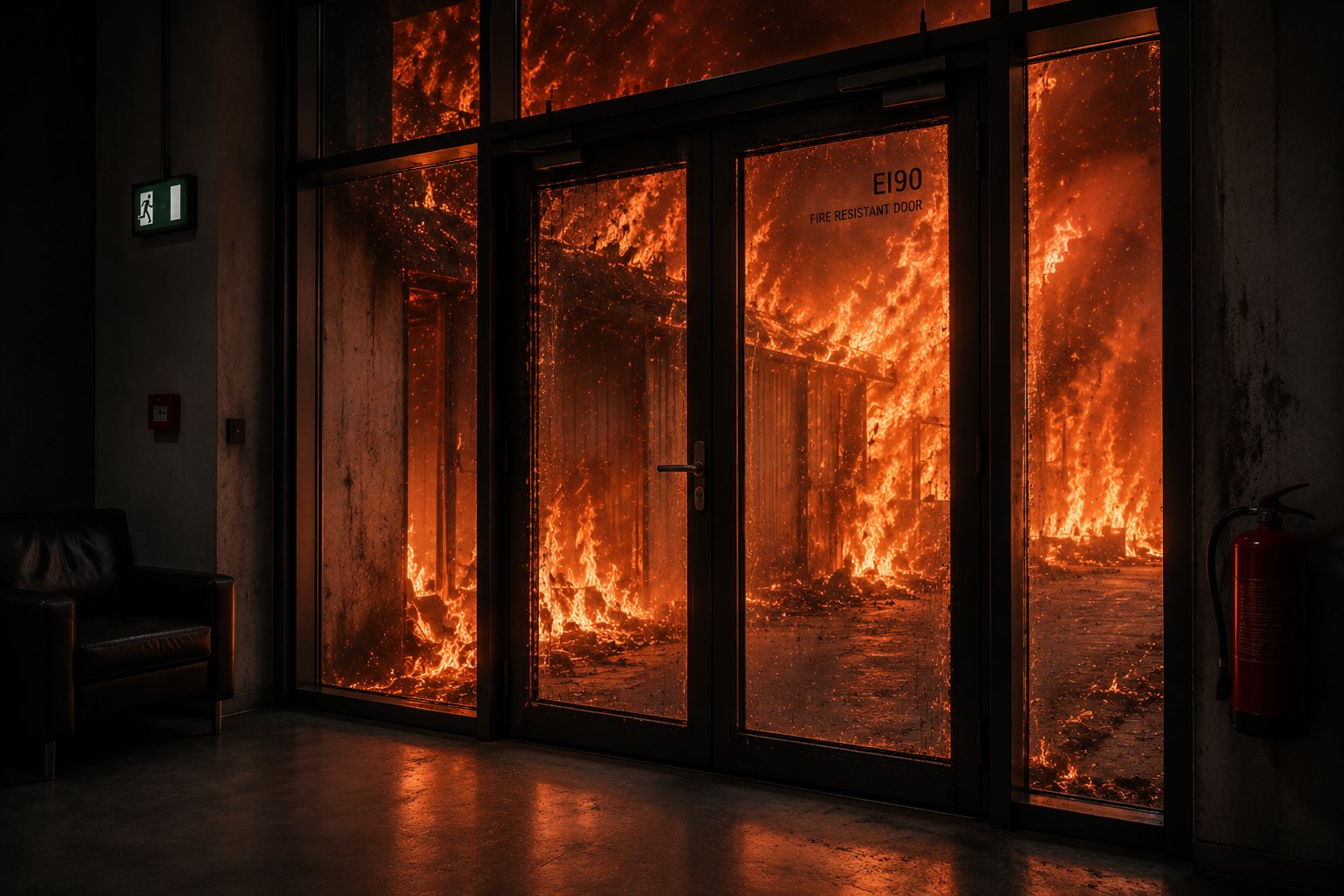 Lobby modern seara cu ușă rezistentă la foc EI90, flăcări vizibile prin sticlă
